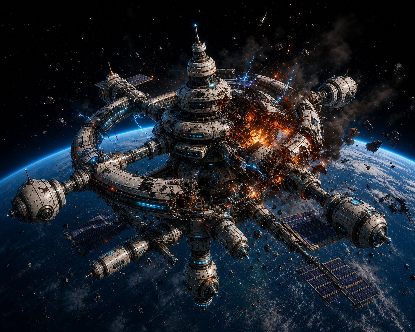 Station Zero G breaking apart after the gravity core explosion